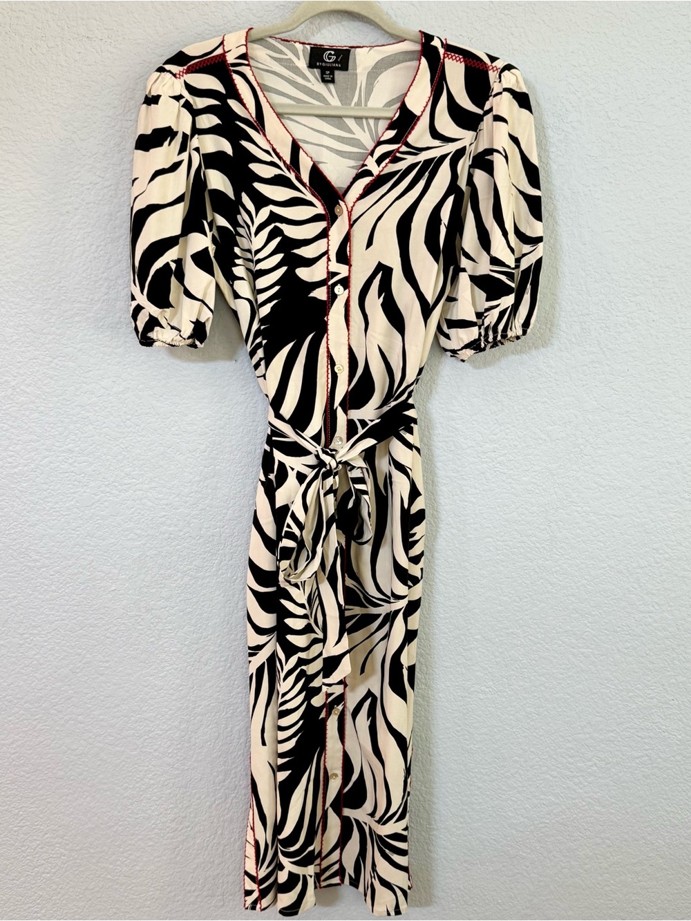 G by Giuliana Black Palm Puff Sleeve Embroidered Midi Dress SP
